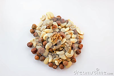 Mixture hazelnuts almonds walnuts cashews on pile Stock Photo