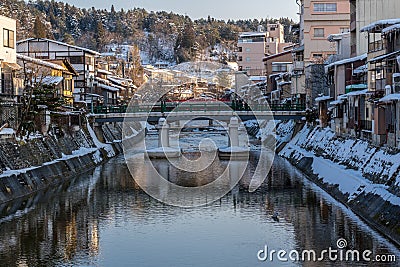 Miyagawanaka River of Takayama town in Winter Editorial Stock Photo