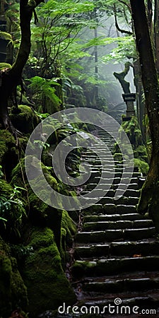 Miyazaki Hayao Style: A Peculiar Boxwood Path On The Mountainside Stock Photo