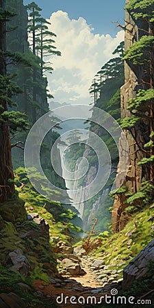 Miyazaki Hayao Style: Peculiar Sequoia On A Canyon Mountainside Stock Photo