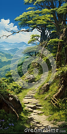 Miyazaki Hayao Style: A Serene Path To The Peculiar Willow Stock Photo