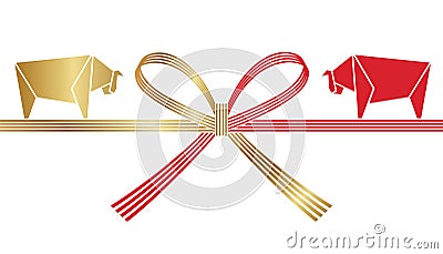 Mizuhiki - Japanese Decoration Strings - For Year Of The Ox Greeting Cards With Origami Ox. Vector Illustration