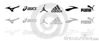 Mizuno, Asics, Jordan, Adidas, Brooks, Puma - logos of sports equipment and sportswear company. Kyiv, Ukraine - November 15, 2020 Vector Illustration