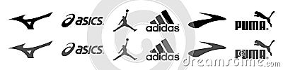 Mizuno, Asics Jordan Adidas Brooks, Puma - logos of sports equipment and sportswear company. Kyiv, Ukraine - October 31, 2020 Vector Illustration