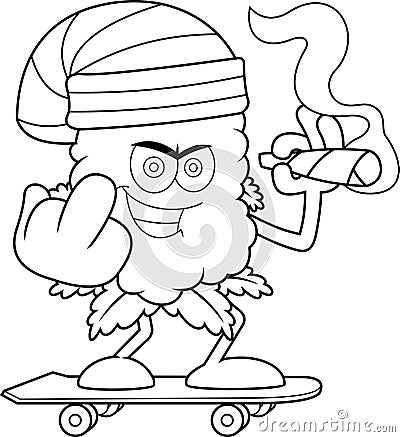 Outlined Angry Marijuana Bud Cartoon Character With A Joint Showing Middle Finger Vector Illustration