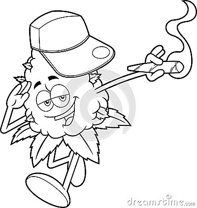 Outlined Marijuana Bud Cartoon Character With Joint Salute Vector Illustration