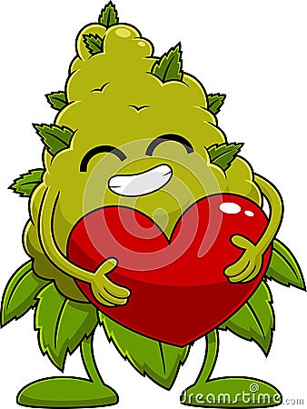 Happy Marijuana Bud Cartoon Character Holding A Red Heart Vector Illustration