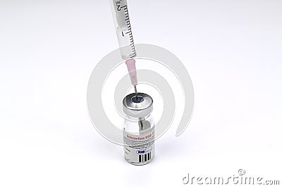 Mlada Boleslav, Czech Republic - Aug 10, 2019 : Product shoot of medical equipment - Dry powder medicament vial for water dilution Editorial Stock Photo