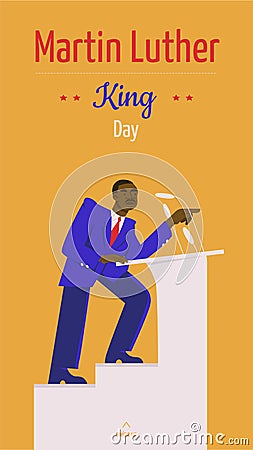 MLK Day social media story with Martin Luther King Jr. uttering speech at the podium agaist racial discrimination. American federa Vector Illustration