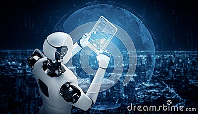 MLP Robot humanoid using tablet computer for global network connection Cartoon Illustration