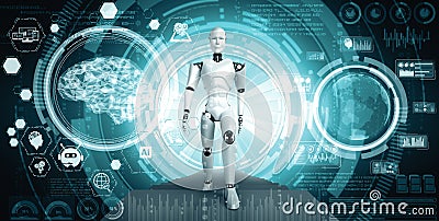 MLP 3D rendering robot humanoid analyzing big data using AI thinking Cartoon Illustration