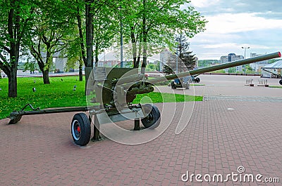 57-mm anti-tank gun of 1941 model ZIS-2 on Alley of military glory in park of Winners, Vitebsk, Belarus Editorial Stock Photo