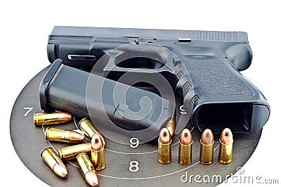 9-mm handgun and target shooting Stock Photo