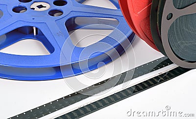 16mm movie files with films reels Stock Photo