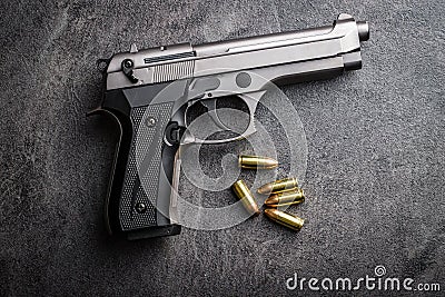 9mm pistol bullets and handgun. Stock Photo