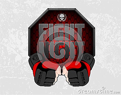 MMA gloves hands octagon stage cage poster. Mixed martial arts fight night banner. Fighting emblem logo element. Boxing decoration Vector Illustration