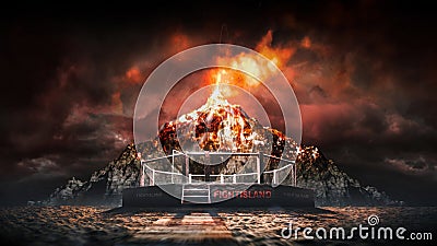 MMA octagon in the island. Volcano explosion in the fight island. MMA octagon illuminated by a volcanic eruption. Sport Stock Photo