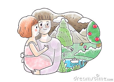 Cartoon cute mother hugging baby and nature view vector. Stock Photo