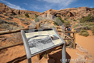Information storyboard sign explaining details about Landscape Arch in Arches National Park Editorial Stock Photo