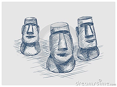 Moai easter island hand drawn blue sketch raster Cartoon Illustration