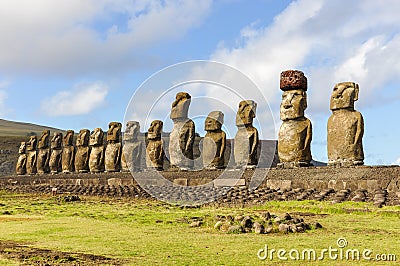 The 15 moai statues in Ahu Tongariki, Easter Island, Chile Stock Photo