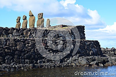 Moais at Ahu Tahai ceremonial complex near Hanga Roa, Rapa Nui Easter Island Stock Photo