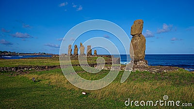 Moais on Ahus Vai Uri and Tahai, Easter Island, Chile Stock Photo