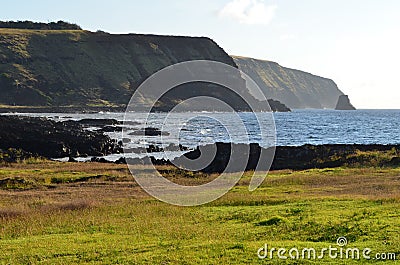 Moais in the ceremonial platform Ahu at Tongariki beach, Rapa Nui Easter island Stock Photo