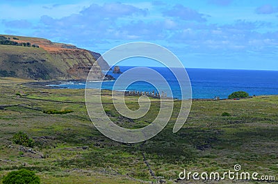 Moais in the ceremonial platform Ahu at Tongariki beach, Rapa Nui Easter island Stock Photo