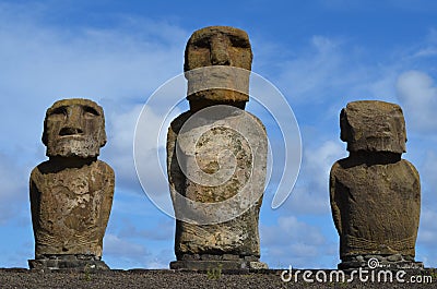 Moais in the ceremonial platform Ahu at Tongariki beach, Rapa Nui Easter island Stock Photo