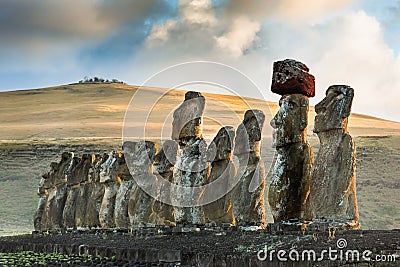 Moais statues on Ahu Tongariki - the largest ahu on Easter Island Stock Photo