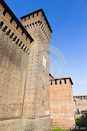 Moat and defensive tower from Sforzesco Castle Editorial Stock Photo