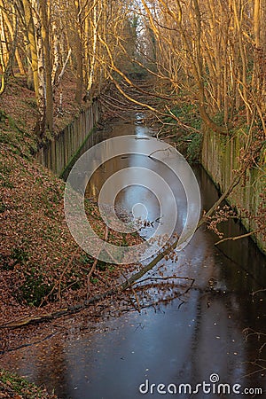 The moat of the Fort of Steendorp bridged with fallen trees Stock Photo