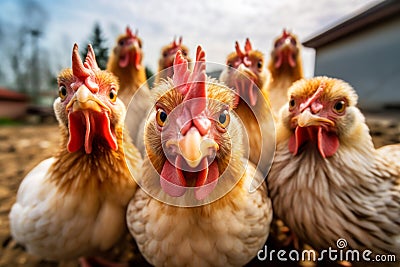 A mob of hens. Roosters look into the camera. Birds on the farm. The concept of countryside life. Generative AI Stock Photo