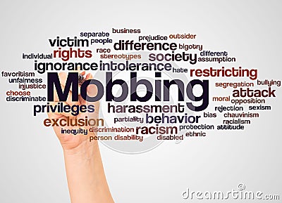 Mobbing word cloud and hand with marker concept Stock Photo