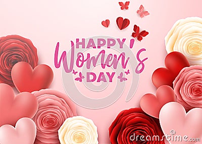 Happy International Women`s Day with butterfly and roses flower background Stock Photo