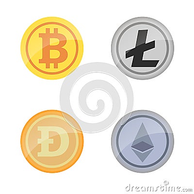 Coins Bitcoin, Ethereum, Darkcoin and Litecoin Vector Illustration