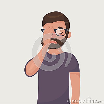 Hipster beard man in glasses make a facepalm gestures. Disappointment or shame. Vector illustration in cartoon style Vector Illustration