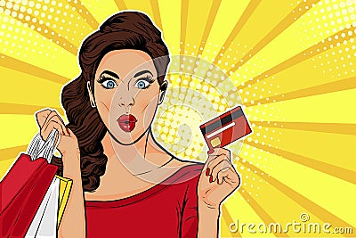 Pop art young woman holding shopping bags and credit card Vector Illustration