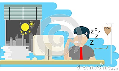 Man siting working at computer desk with deadline. Vector Illustration