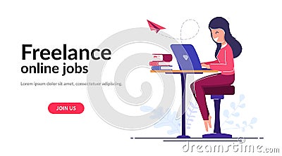 Freelancer worker concept. Online learning. A freelance girl does work from home or anywhere in the world. Vector Illustration