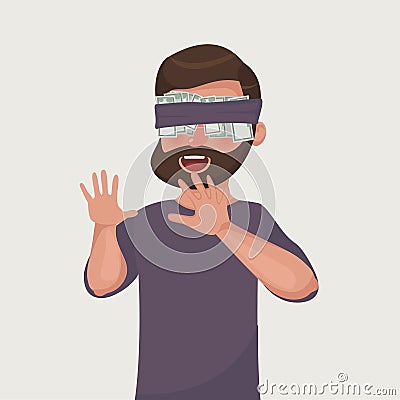 Bearded businessman with dollar banknote taped to eyes. Vector Illustration