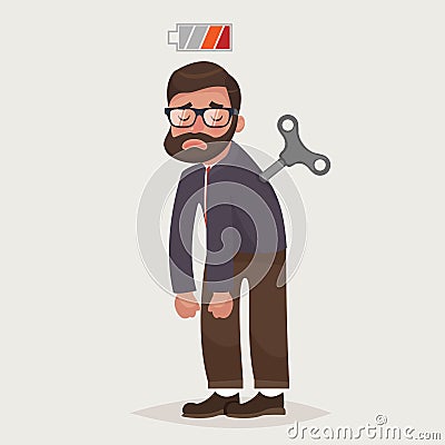 Tired businessman with Clockwork key and empty battery. The lack energy to do work Vector Illustration