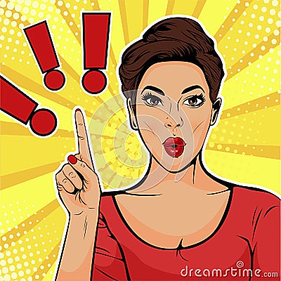 Pop art Exclamation point and surprised woman Vector Illustration