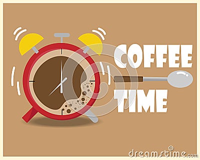 Coffee cup clock and spoon on the brown background Cartoon Illustration