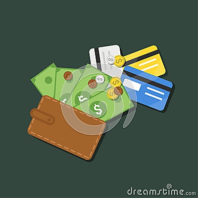 Flat Wallet with money and credit card vector Illustration Vector Illustration
