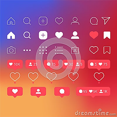 Set of social media icons inspired by Instagram: like, follower, comment, home, camera, user, search. Vector illustration with whi Vector Illustration