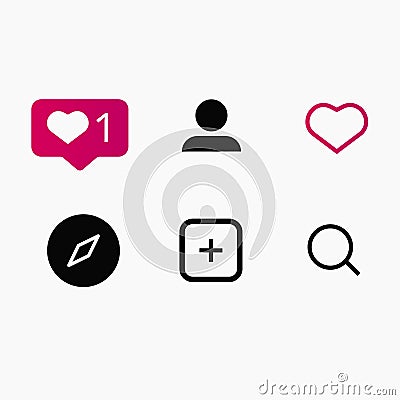 Set of social media icons inspired by Instagram: like, follower, comment, home, camera, user, search. Vector illustration with whi Vector Illustration