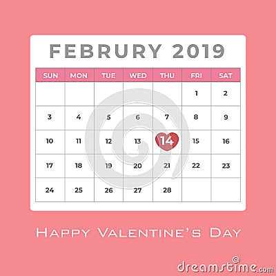 February 2019 calendar with red heart highlight at day 14 for valentine`s day Stock Photo