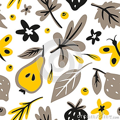 Leaves, flowers, berrys, fruits flat hand drawn seamless pattern. Doodle and cartoon texture. Vector Illustration